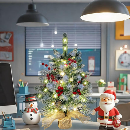Small Christmas Tree, 22 Inches Artificial Tabletop Christmas Tree with 50 Lights,Snow Flocked Mini Xmas Tree with Pinecones Berries Wood Base for Christmas Decorations Indoor Home Decor