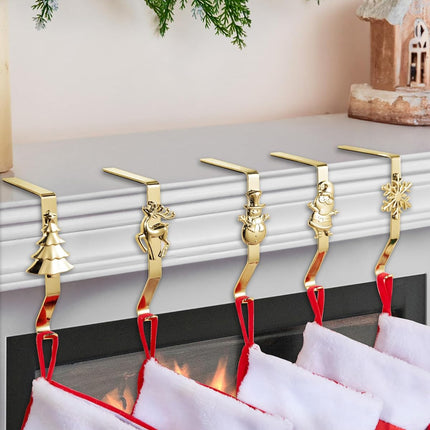 Stocking Holders for Mantle, Set of 5 Christmas Stocking Holders for Fireplace, Stocking Hangers for Mantel, Snowflake Reindeer Tree Santa Stocking Hanger Hooks for Christmas Mantel Decoration, Gold