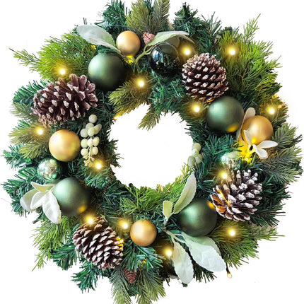 WANNA-CUL Pre-Lit 20 Inch Lighted Christmas Wreath for Front Door Decoration with Green Gold Christmas Ball Ornaments,Battery Operated 30 LED Lights