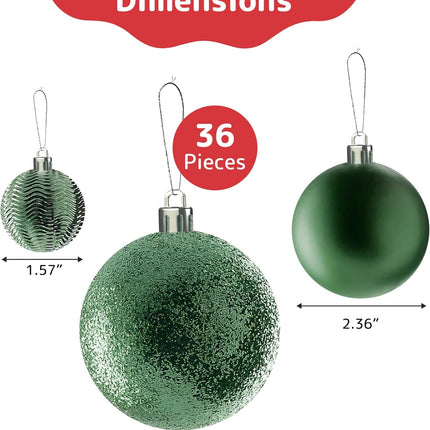 Prextex Christmas Tree Ornaments - Emerald Green Christmas Ball Ornaments Set for Christmas, Holiday, Wreath & Party Decorations (36 pcs - Small, Medium, Large) Shatterproof, 3 Size Combo