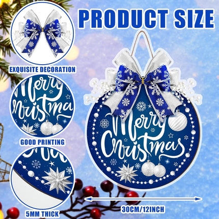Qunclay Blue Christmas Decorations Round Snow Wooden Hanging Sign Christmas Wreath for Front Door Blue and Silver Wreath Sign with Bow Winter Christmas Wreath Sign for Door Wall Window Home Decor