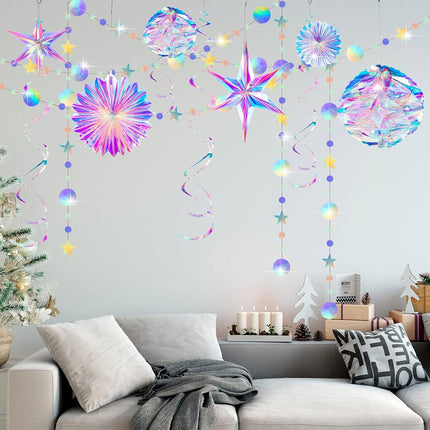 29 Pieces Home Iridescent Party Supplies Kit with Hanging Honeycomb Ball Decorative Paper Fan Snowflake Garlands White Star Hanging Swirl Decorations for Birthday Wedding Party Decorations
