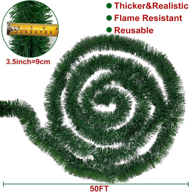 TURNMEON 50 Foot Christmas Garland Decoration, Artificial Greenery Pine Garland Xmas Decor Soft Green Garland for Stairs Mantle Fireplace Home Party Holiday Christmas Decoration Indoor Outdoor Décor