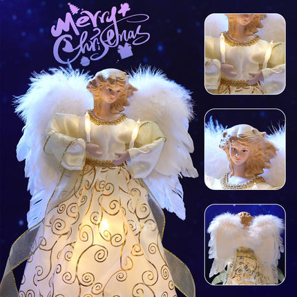 Christmas Angel Tree Topper, Gold Angel Treetop, 10-Light Angel Doll with Feather Wing for Indoor Outdoor Christmas Tree Decorations, Goddess Figurine Holiday Ornament(Gold)