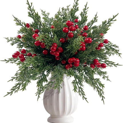 CIEOVO 60 Pcs Christmas Artificial Pine Branches with Red Berry Stems, Faux Evergreen Norfolk Pine Cypress Leaves Stems- Fake Foliage Pine Needles Picks for DIY Wreath Xmas Garlands Home Decoration