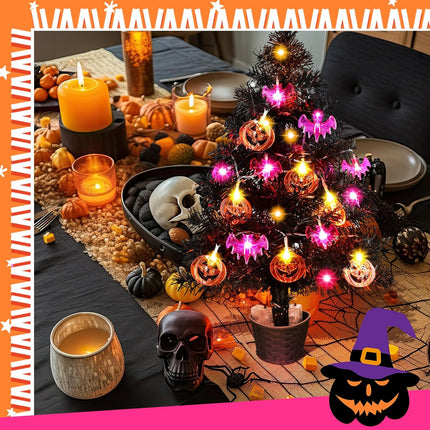 20 Inch Small Halloween Tree Mini Artificial Spooky Black Tree Glittered with LED Orange Pumpkin Purple Bat Lights, Battery Powered Tree for Halloween Indoor Room Tabletop Decoration