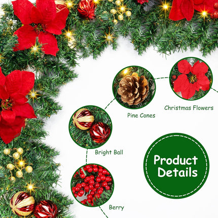 Quntis 9FT Poinsettia Christmas Garland with Lights, Garland Christmas Decorations with Pine Cones, Berry Clusters, 8 Mode Timer Artificial Xmas Garland for Mantle Door Fireplace Window Stairs Holiday