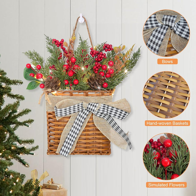 Christmas Wreath for Front Door, Xmas Door Hanger Basket Wreath with Led Lights, Christmas Wreath with Leaves Pine Cones Red Berry for Indoor Outdoor Christmas Decorations