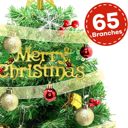 24 Inch Small Christmas Tree, Tabletop Christmas Tree with Star Treetop, Ornaments Balls, Merry Christmas Placard, Snowflakes, Golden Ribbon, Ornaments and Red Berries, Christmas Table Decorations