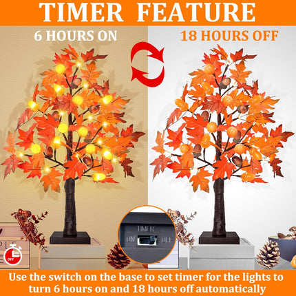 2 Pack 24 Inch Prelit Maple Tree Thanksgiving Decorations with 48 LED Timer Battery Operated Tabletop Prelit Acorn Pumpkin Artificial Fall Light Up Tree for Thanksgiving Fall Decorations for Home