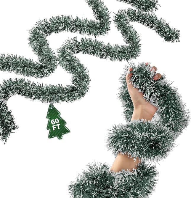 60Ft Christmas Garland - Xmas Tree Decorations, Christmas Tinsel Decorations for Indoor&Outdoor Home Decor, Christmas Metallic Twist Garland Ceiling Hanging Decorations for Year(Green)