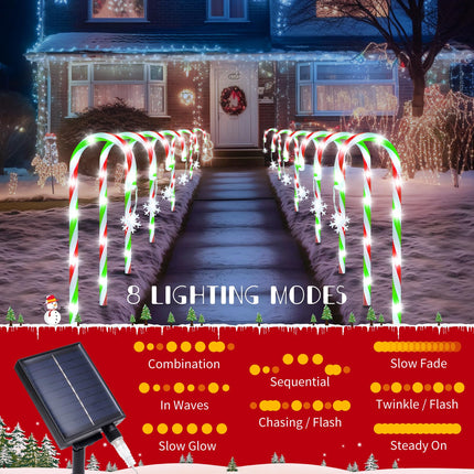 Christmas Pathway Lights Outdoor Decorations, 8 Modes Solar Candy Cane Lights with Snowflake, Outdoor Christmas Waterproof Stake Lights for Walkway, Yard, Porch, Garden Decor (2 x 12 Pack)