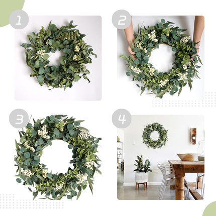 TEMPUS 20-inch Artificial Eucalyptus Leaf Wreath Spring Summer Green Leaves Wreath Front Door Wall Hanging Window Decoration Porch Farmhouse Patio Garden Decor Party Holiday Wedding Decoration