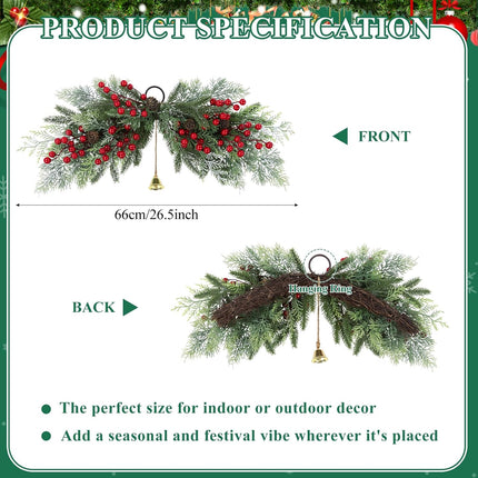 SHACOS 26 inch Artificial Christmas Swags Frosted Flocked Cedar Swag with Pine Cones Red Berries and Bells Xmas Mailbox Swag Front Door Windows Wall Swag Mantel Table Holiday Decor Indoor Outdoor