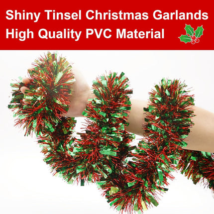 50FT Christmas Tinsel Garland, Green Red Tinsel Garland for Christmas Tree Green Red Tinsel Hanging for Indoor and Outdoor Disco Party Supplies Green Red Christmas Decorations