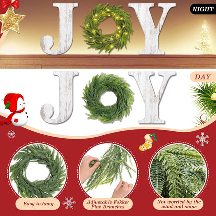 12 Inch Lighted Christmas Wood Joy Sign with Wreath LED String Lights Large Xmas Joy Letters Decor Wooden Hanging Joy Sign for Xmas Holiday Indoor Outdoor Home Wall Door Decoration(White)