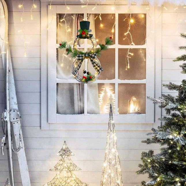 Artiflr 16 x 8 Inch Lighted Christmas Wreath Decoration, Grapevine Wreath with Hat and Bow Snowman Shape Wreath for Front Door Home Wall Decor (White)