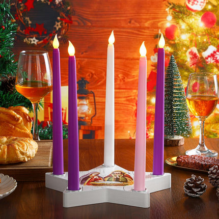 Sliner Christmas Advent Candle Holder Nativity Scene Christmas Candle Holder Set 1 Star Shape Wooden Advent Wreath Candlestick Holders and Candles Rustic Mantle Holiday Table Decoration (Novelty)
