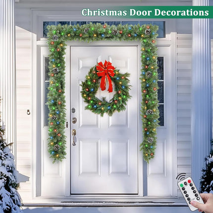 Remote Control&Timer - 9Ft by 12Inch Prelit Christmas Garland Decorations Snowy Thick Garland with 50 Colorful Lights 8 Modes 250 Branch Tips 20 Canyon Pines 10 Pinecones Xmas Garland Mantle Fireplace