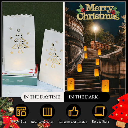 100 Set Luminary Paper Bags with Flameless Tea Lights Christmas Flameless Candle with Luminaries Candle Bag LED Tea Light for Birthday Wedding Halloween Christmas Thanksgiving Party Decor (Tree)