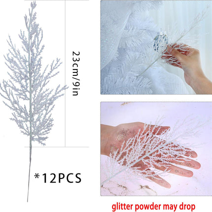 GREENTIME 12 Pack Artificial White Flat Glitter Pine Needles 13" Fake Christmas Picks Decorative Glitter Sticks for Vase Christmas Tree DIY Wreath Crafts Fireplace Decor