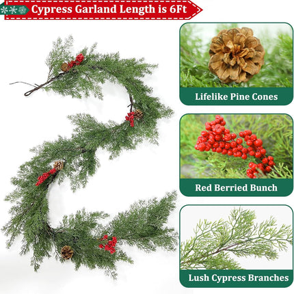 6Ft 20LED Christmas Garland - Cedar Garland - Cypress Garland Realistic-Feel PE Pine Garland Christmas Garland with Lights Timer Pinecone Berried Christmas Decoration for Mantle Fireplace Table Stairs