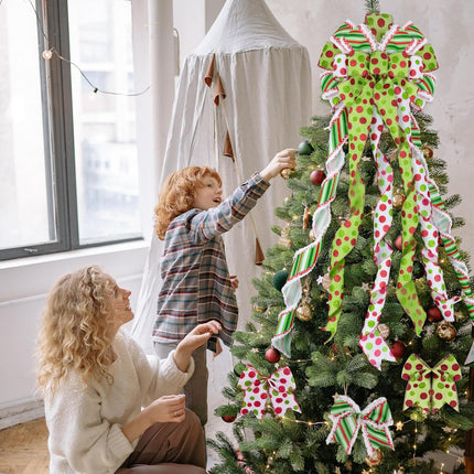 1 Large Christmas Tree Topper Bows and 12Pcs Small Wreath Bows Set Candy Stripe Red Green Dot Bow Xmas Ornaments for Christmas, Holiday Party, Indoor/Outdoor Home Decor, 47"x13"