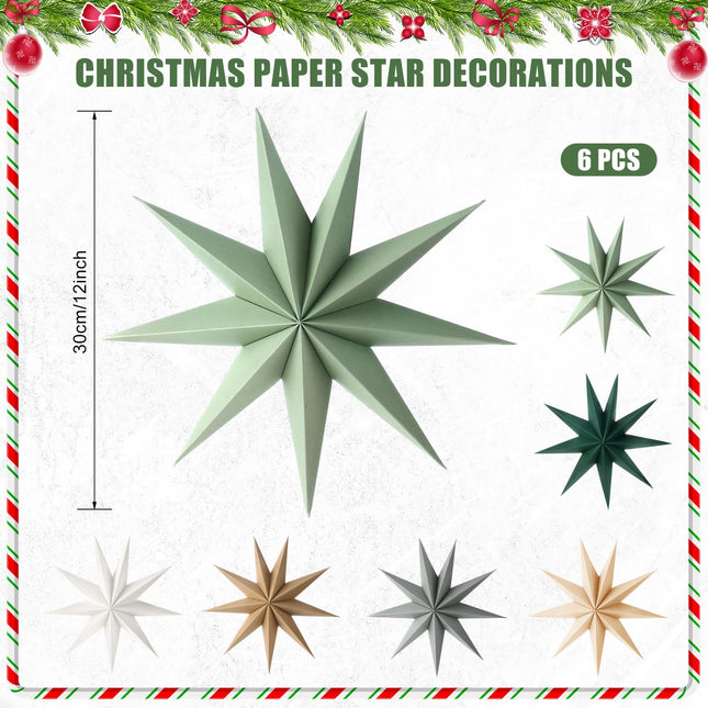 ReliThick 6 Pcs Star Paper Lanterns 12 Inch 9 Pointed Christmas Hanging Lamp Neutral Sage Green Christmas Ornaments Vintage Farmhouse Paper Decorations Xmas Party Decorations