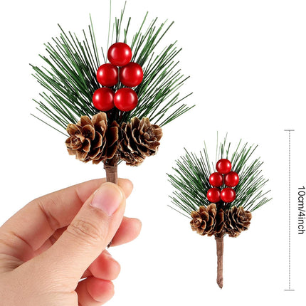 24 Pieces Artificial Pine Picks Christmas Red Berry Picks Pine Needles Branches with Red Berry Pinecones Berry Branches Fake Berries for Flower Arrangements Wreaths Holiday Xmas Tree Decoration