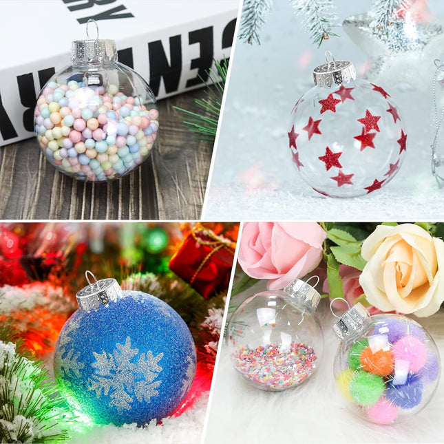 12Pcs 60mm Clear Plastic Christmas Ball Ornaments 2.36'' Round Clear Plastic Fillable Bulb DIY Craft Ornaments Shatterproof Xmas Tree Hanging Balls for Holiday, Wedding, Birthday, Christmas Wreath