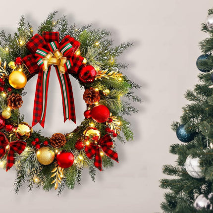 Christmas Wreath with Lights 20 Inch Pre-Lit Christmas Door Wreath for Front Door with Red Plaid Bow and Ball Ornaments, Battery Operated Timer 40 LED Lights, Holiday Decoration for Fireplace Xmas