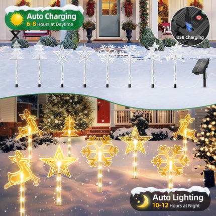 Outdoor Christmas Decorations, Set of 8 Christmas Pathway Lights Outdoor with 10 Lighting Modes, 32 Brighter LED Solar Christmas Decoration, Waterproof Outside Christmas Lights for Holiday