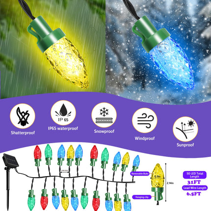 ITICdecor Solar String Christmas Lights C7 31ft 50 LED Colourful Strawberry Hanging Lights Outdoor Waterproof Green Wire Fairy Light Decoration for Garden Patio Yard Camping Party s for Dad Mom