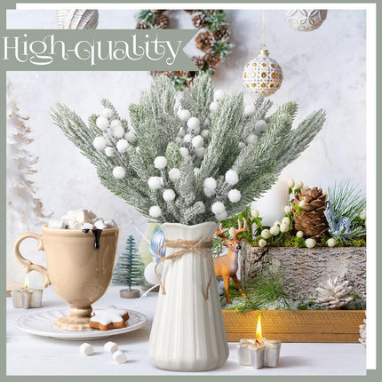 Giegxin 65 Pieces Christmas Snowy Pine Tree Picks Artificial Berry Stems Sprays White Faux Cedar Pine Needles Branches for Holiday Arrangement Wreath DIY Garland Holiday Decor Winter Greenery