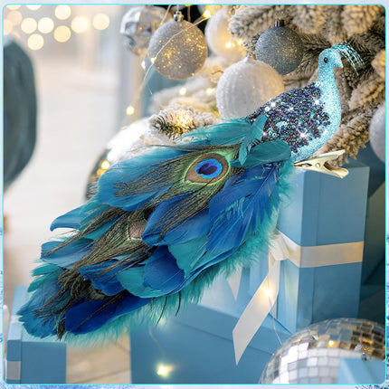 4 Pcs Peacock Christmas Tree Ornaments Long Tail Feather Peacock Christmas Decorations Glitter Peacock Bird Clip On Ornament for Xmas Tree Decor (Classic Style)