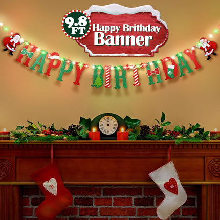 Happy Birthday Party Banner with Light, Christmas Birthday Party Decoration with 8 Modes Flashing String Light for Kids Christmas Birthday Party Garland Wall Fireplace Mantle Decor