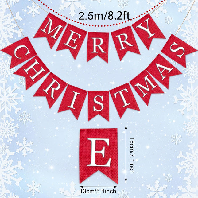 Whaline 2Pcs Christmas Burlap Banner Felt Merry Christmas Banner Red White Xmas Bunting Garland Pre-Assembled Celebration Hanging Decorations for Home Party Decoration