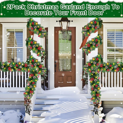 [ 2 Pack & Timer ] 9 Ft by 10'' Prelit Christmas Garland Decorations 100 LED Lights 8 Modes Battery Operated 300 Thick Tips 198 Red Berries 18 Pine Cones Xmas Garland Decor Indoor Outdoor Home Mantle