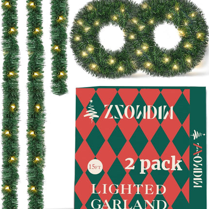 2-Pack 15FT Christmas Garland Prelit - Slim Lighted Garland with Lights, Artificial Holiday Decor for Mantle Stairs Wall Door, Indoor Outdoor 3" Thin Garlands