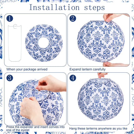 Retisee 12 Pcs Chinoiserie Paper Lantern Set 10 Inches Blue and White Porcelain Print Christmas Hanging Decorations Chinese Round Lantern Ceiling Birthday Party Baby Shower Wedding Home Decor