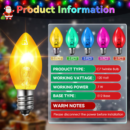 25 Pack Twinkle Christmas Replacement Bulbs, 7W C7 Random Blinking Light Bulbs for Christmas String Light, E12 Intermediate Base, Multi Color Light Bulbs for Night Lights (Clear Twinkle)