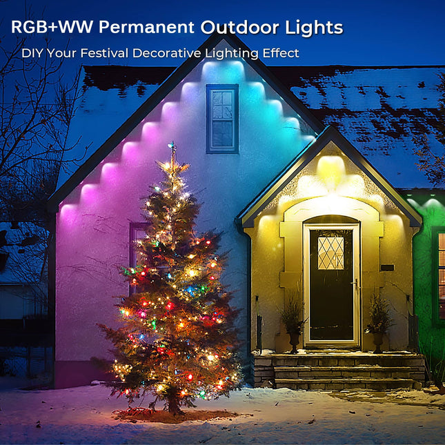 Sumaote Permanent Outdoor Lights, 100ft with 72 LEDs Smart RGBW+IC Outdoor Lights, Waterproof LED Eaves Lighting with 65 Themes for Halloween, Christmas and Daily, Work with Alexa/Google Assistant