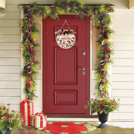 TOARTi Merry Christmas Sign for Front Door Decor Merry Christmas Wooden Door Sign for Xmas Christmas Gingerbread Sign Wooden Wreath Wall Hanging with Plaid Bow Red Berry