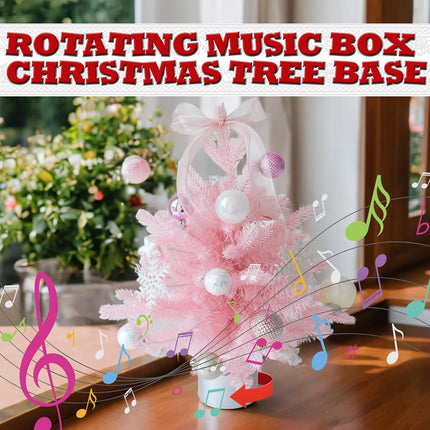 18inch Pink Mini Christmas Tree Small Christmas Tree with Lights and Silver Rotate Music Box Tree Base Pre-Decorated Table Christmas Tree Artificial Xmas Tree with Ornaments Add Festive Charm