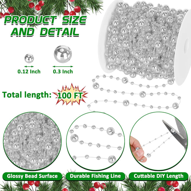 100 Feet Christmas Tree Decorations, Christmas 2 Sizes Hanging Beads Garland Chain, Christmas Tree Beads Trim Garland Decoration for Home Mantle Fireplace Wreath Xmas Tree Decor Supplies