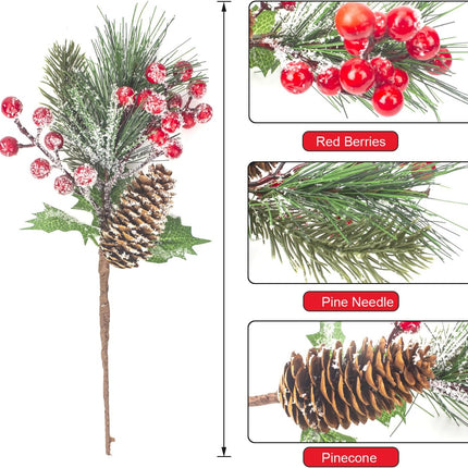 10 Pack Artificial Pine Branches Fake Greenery Pine Picks Artificial Red Berry Stems Christmas Pine Needles for Garland Wreath Christmas and Home Garden Decor