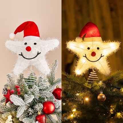 Christmas Tree Star Topper: 16.4ft Christmas Tree Ribbon Lights and Smiley Star Tree Topper with Santa Hat - Glowing Christmas Decorations for Christmas Trees