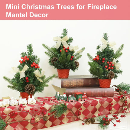 3 Pcs 12 Inch Mini Christmas Trees for Desk Office Tiny Miniature Christmas Tree Table Top Decorated Basket Base Bows Pinecones Berried Tabletop Artificial Small Christmas Decorations Home Decor Xmas