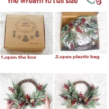 Christmas Artificial Wreath for Front Door, Outdoor Christmas Wreath Flocked with Mixed Decorations, Holiday Greenery Wreath with Pinecones, Red Berries, and Snowflake, 23 inches