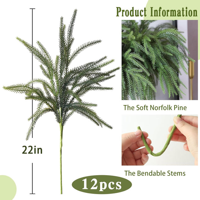 mizii Christmas Decorations 12Pcs Artificial Norfolk Pine Branches 22in Faux Greenery Stems Real Touch Norfolk Pine Garland for Xmas Indoor Outdoor Home Decor (12)